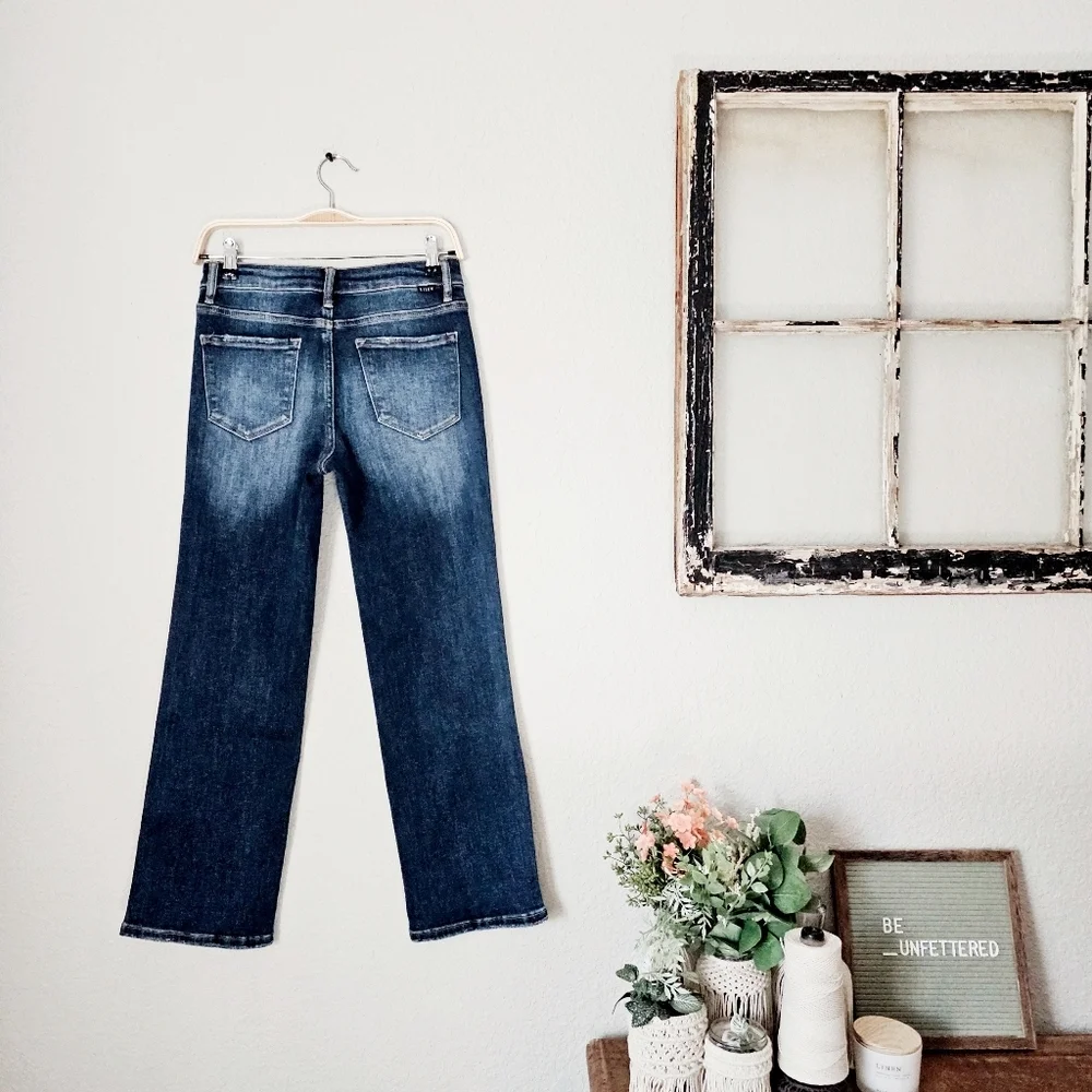 Risen High Rise Dark Wash Rhinestone Embellished Seam Straight Ankle Jeans 7/28 - Picture 8 of 13